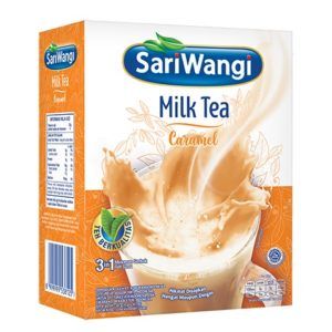 Satu kotak kemasan SariWangi Milk Tea Caramel.