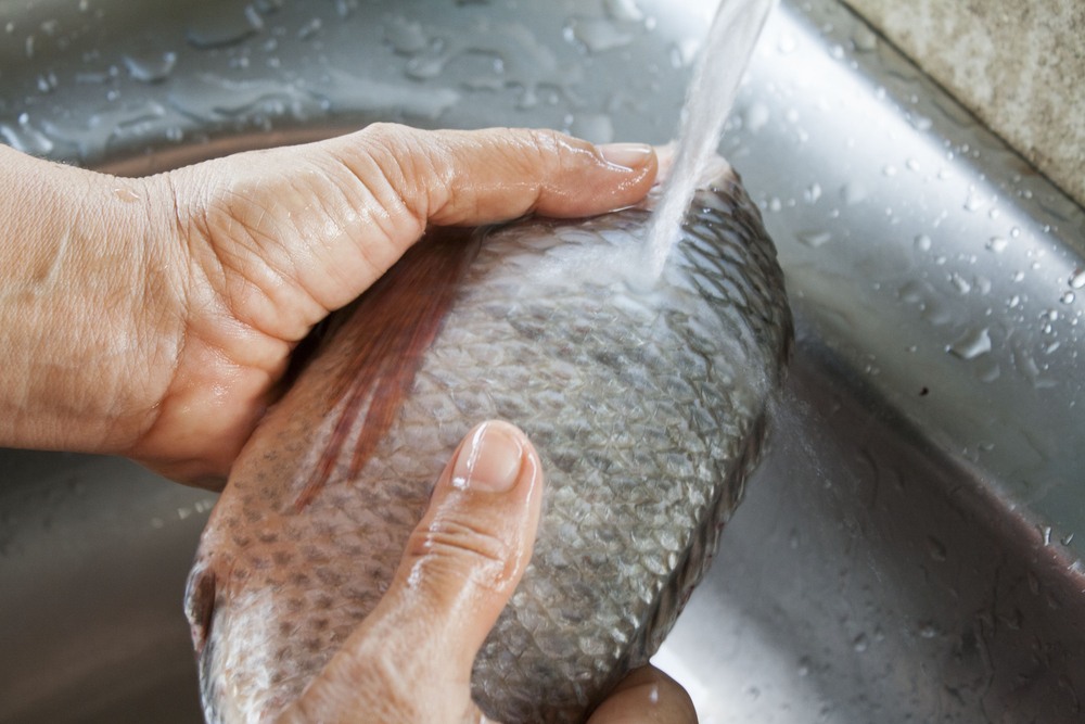 Seseorang tengah mencuci ikan sebagai pembuka cara menyimpan ikan di kulkas.